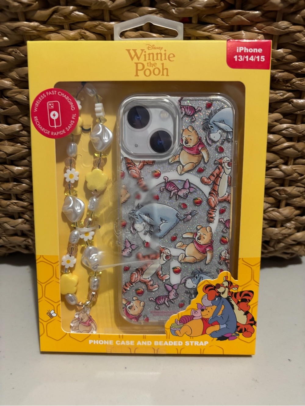 Disney Winnie the Pooh Clear Glitter iPhone Case with Yellow Beaded Strap